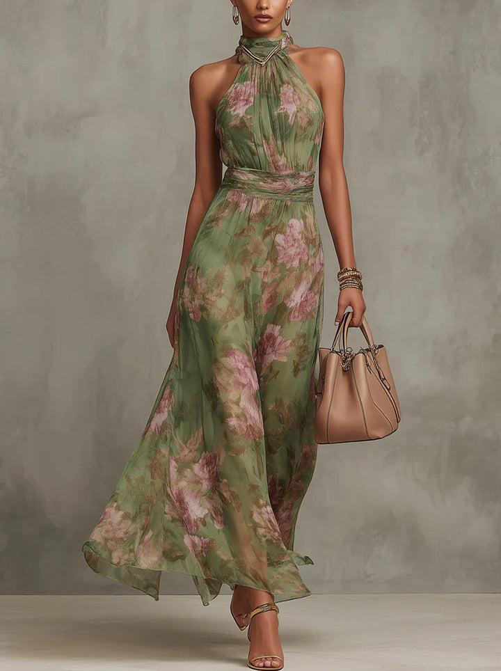 Maxi Chiffon Dress with Halter Neck and Floral Print