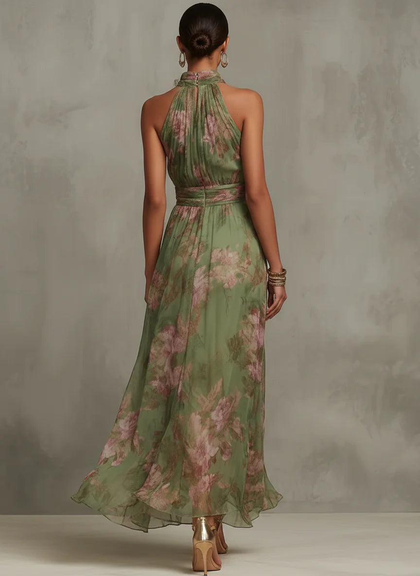Maxi Chiffon Dress with Halter Neck and Floral Print
