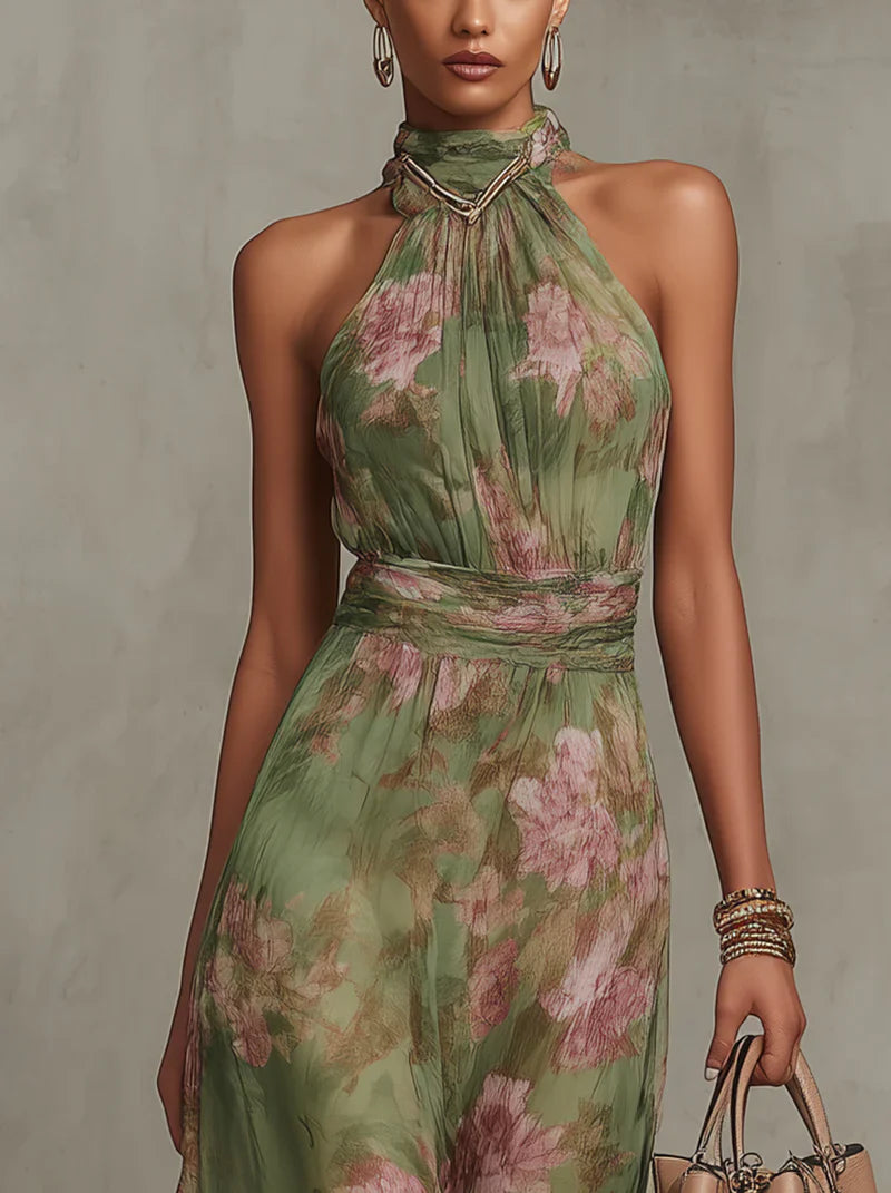 Maxi Chiffon Dress with Halter Neck and Floral Print