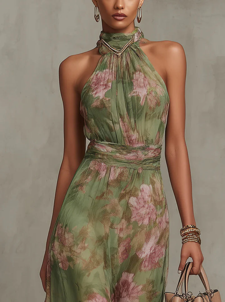 Maxi Chiffon Dress with Halter Neck and Floral Print