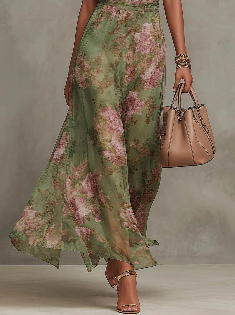 Maxi Chiffon Dress with Halter Neck and Floral Print