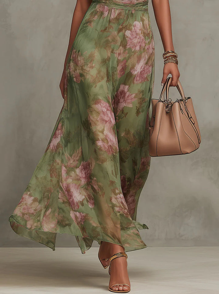 Maxi Chiffon Dress with Halter Neck and Floral Print