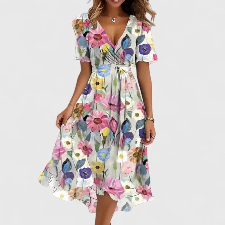 Floral V Neck Midi Dress