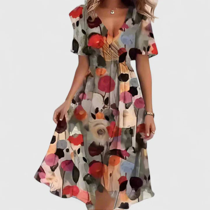 Floral V Neck Midi Dress
