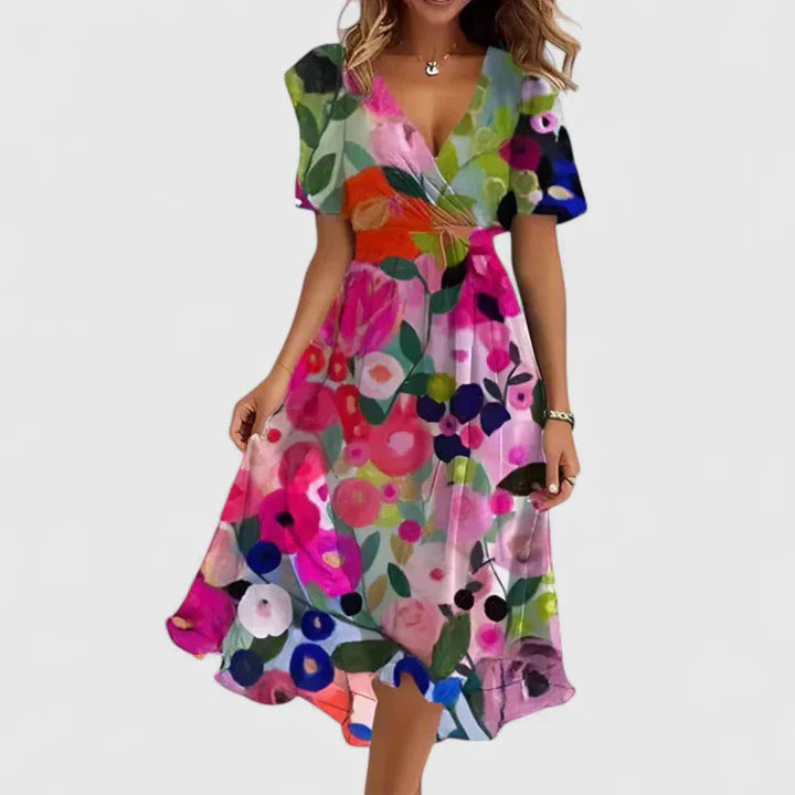 Floral V Neck Midi Dress