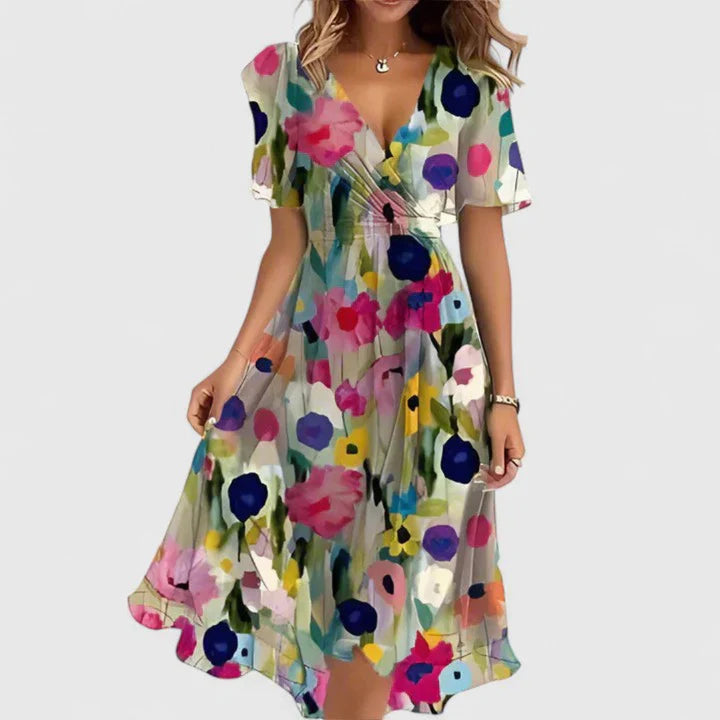 Floral V Neck Midi Dress