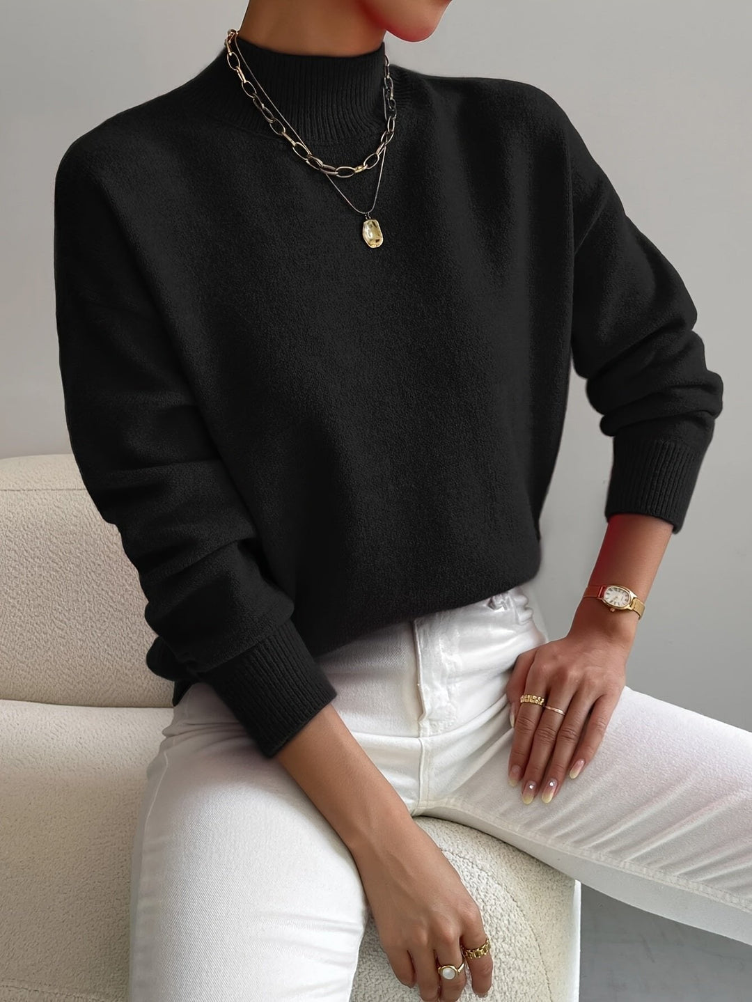 Women's Relaxed Mock Turtleneck Ribbed Sweater