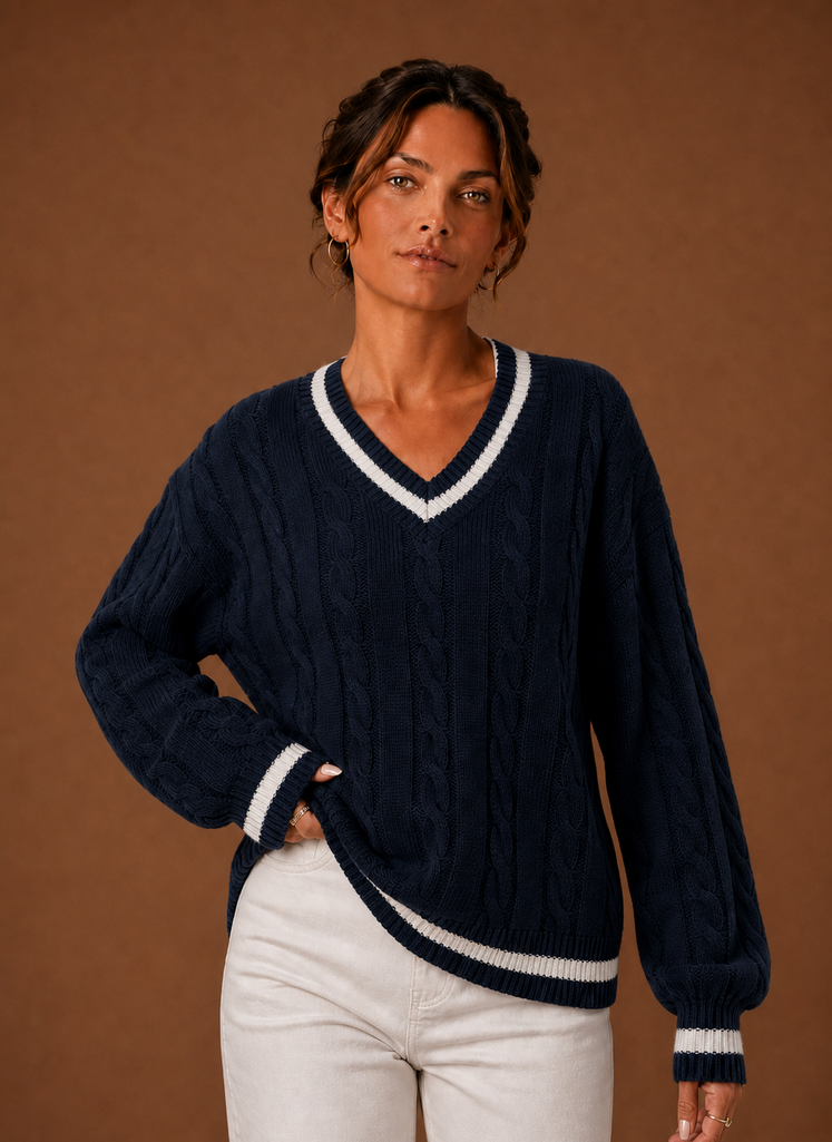 Women's Classic V Neck Cable Knit Sweater