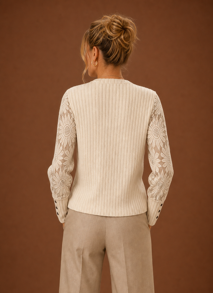 Women's Ribbed Knit Lace Sleeve Sweater