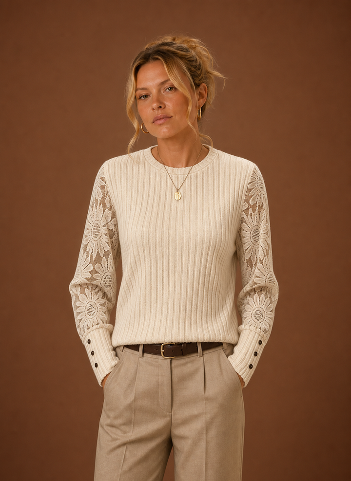 Women's Ribbed Knit Lace Sleeve Sweater