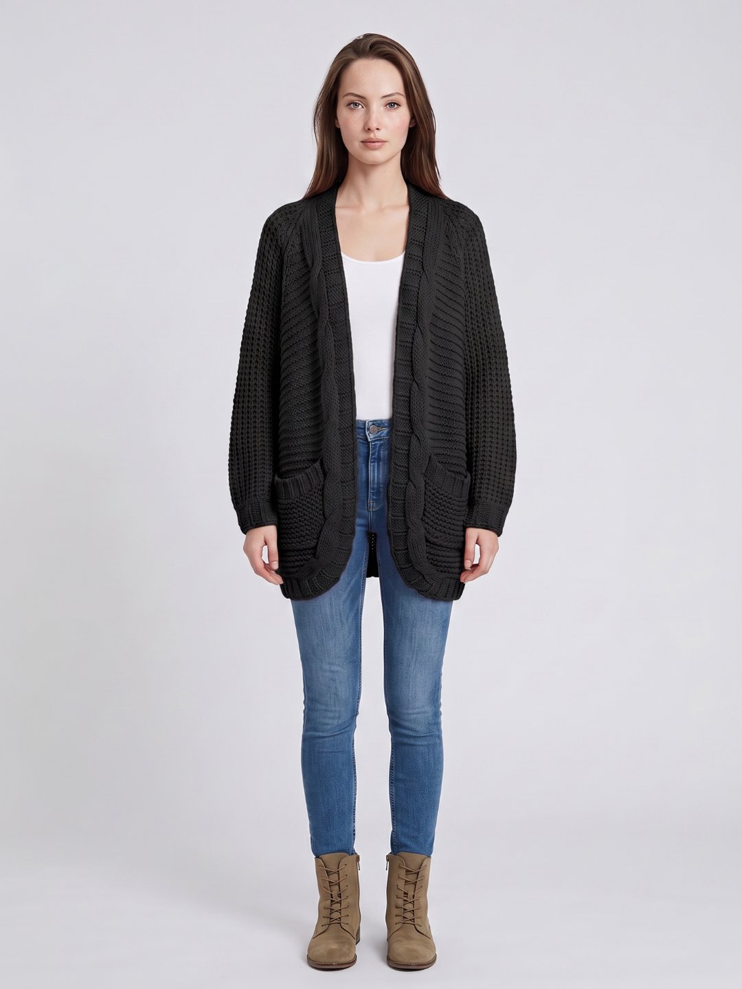 Women's Oversized Cable Knit Patch Pocket Cardigan