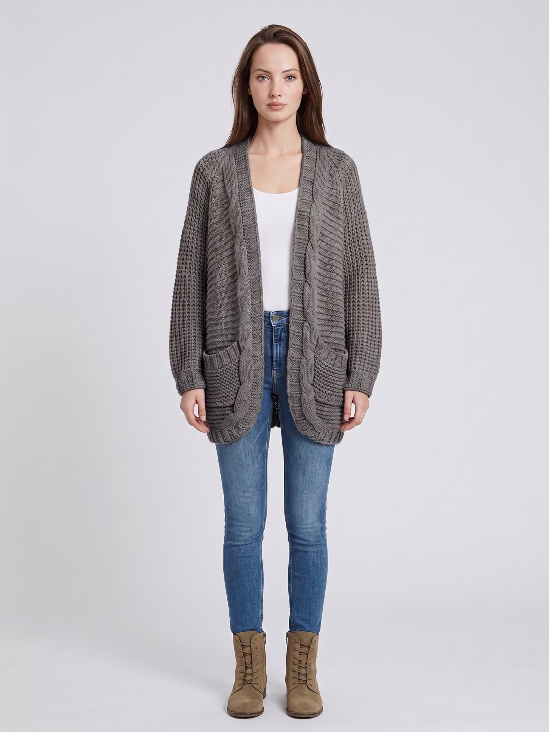 Women's Oversized Cable Knit Patch Pocket Cardigan