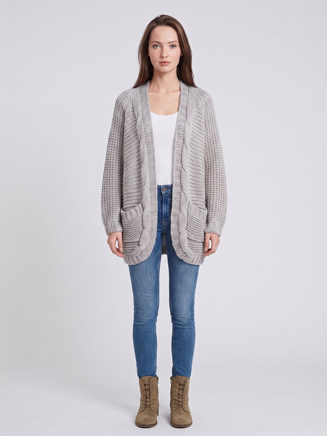 Women's Oversized Cable Knit Patch Pocket Cardigan