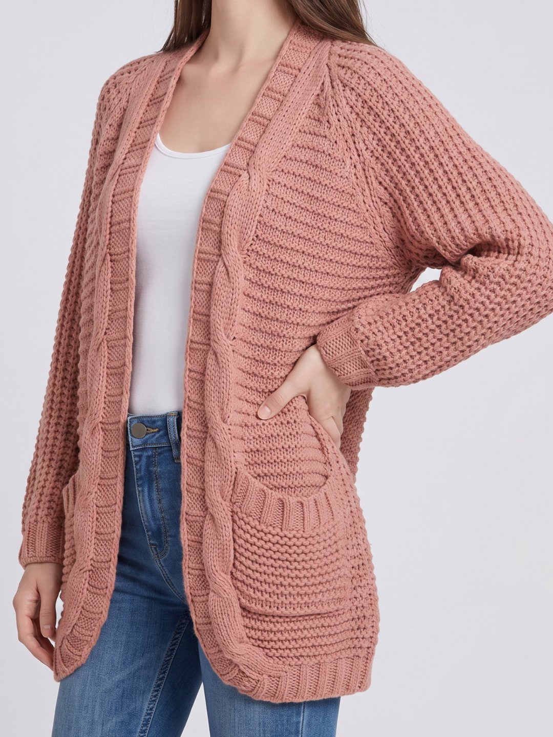 Women's Oversized Cable Knit Patch Pocket Cardigan
