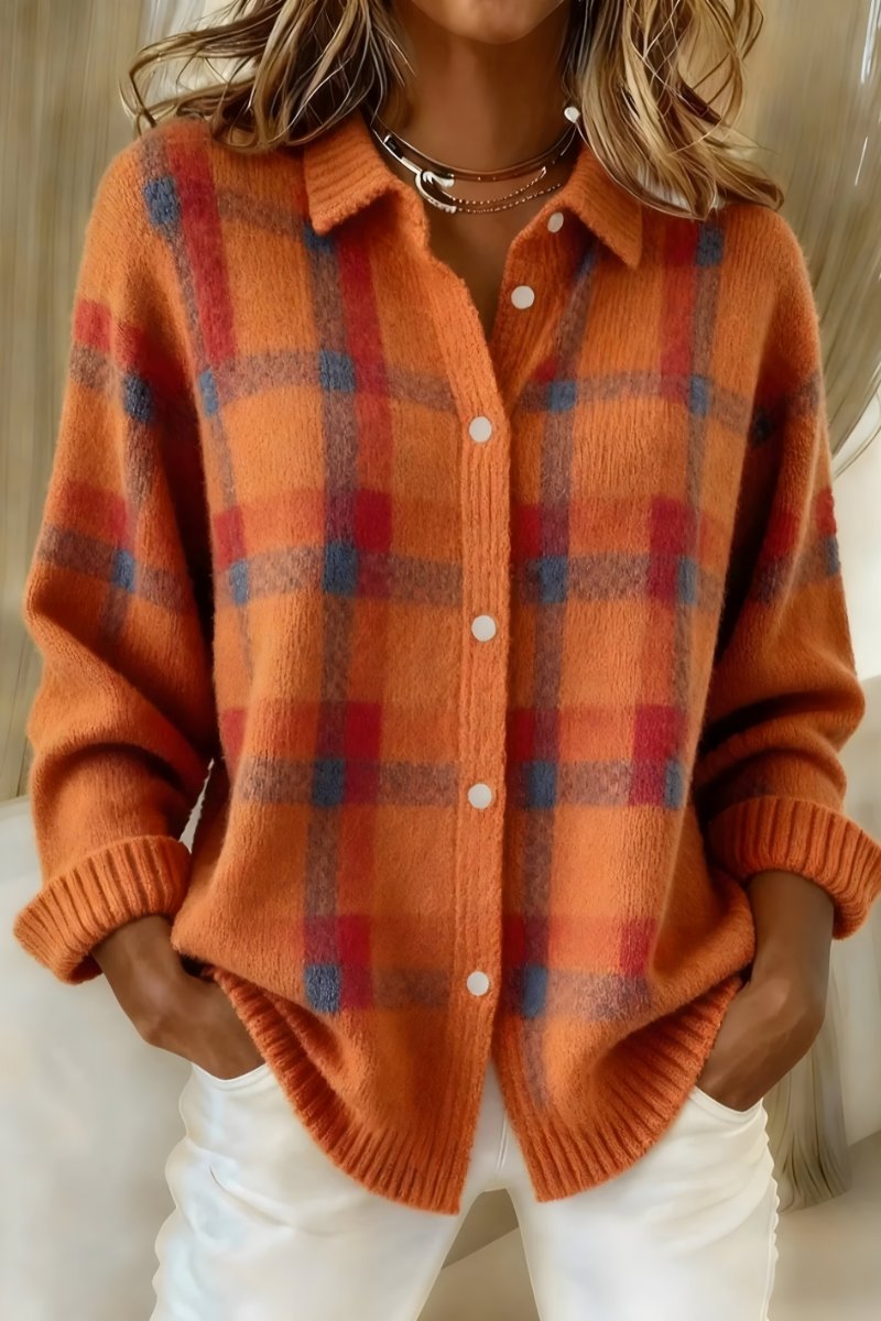 Women's Oversized Plaid Collared Button Front Cardigan