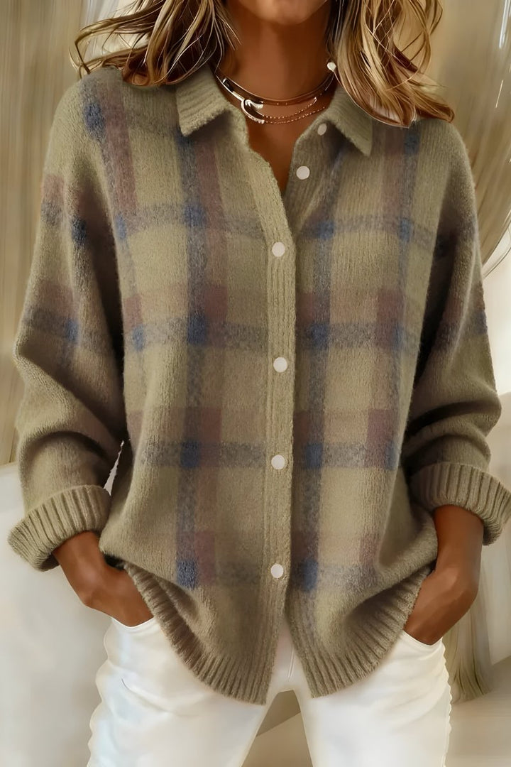 Women's Oversized Plaid Collared Button Front Cardigan