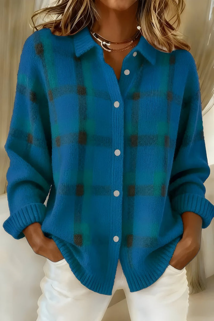 Women's Oversized Plaid Collared Button Front Cardigan