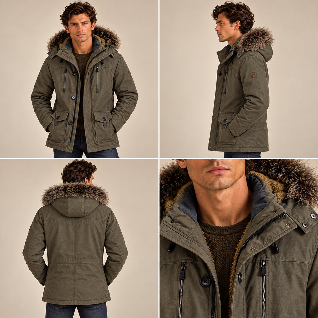 Men's Puffer Jacket Charcoal Fur Hooded Winter Coat