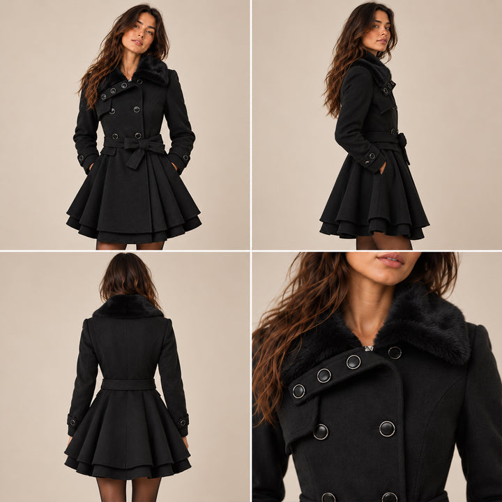 Women's Fur Collar Peacoat – Elegant Belted Fit & Flare Winter Coat