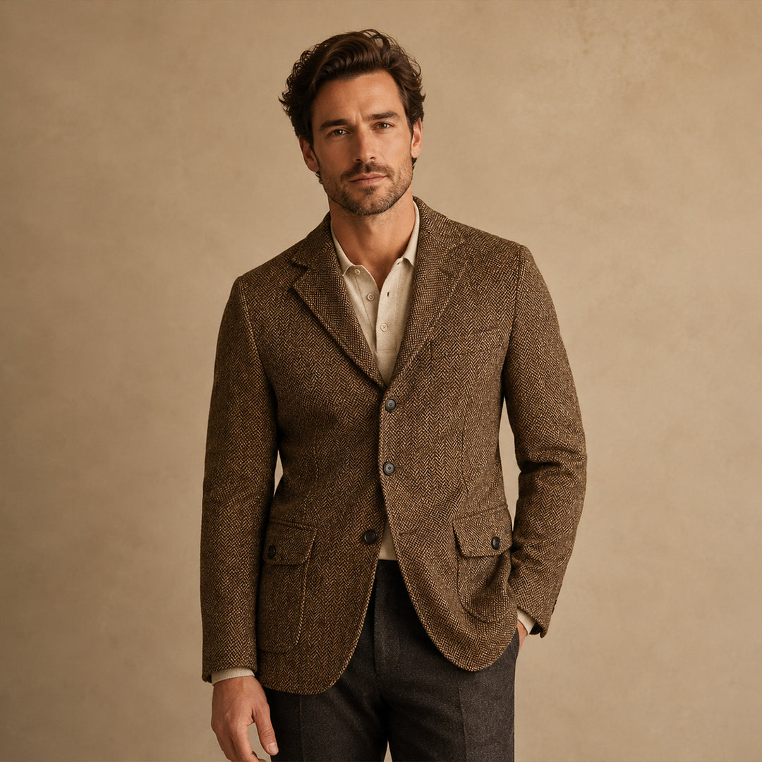 The Dolomiti Men's Tweed Single Breasted Business Blazer Suit - Dark Brown