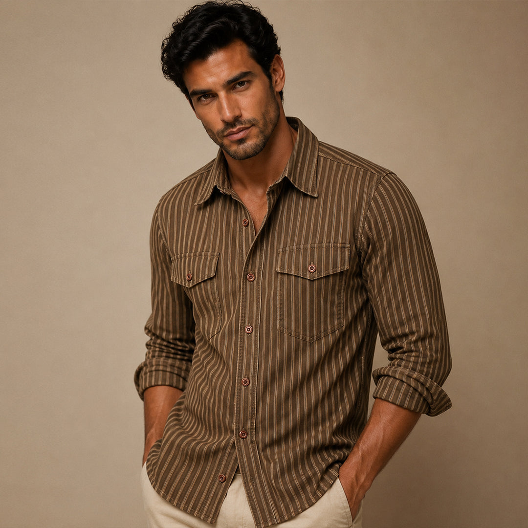 The Marseille Men's Cotton Retro Striped Button Up Shirt