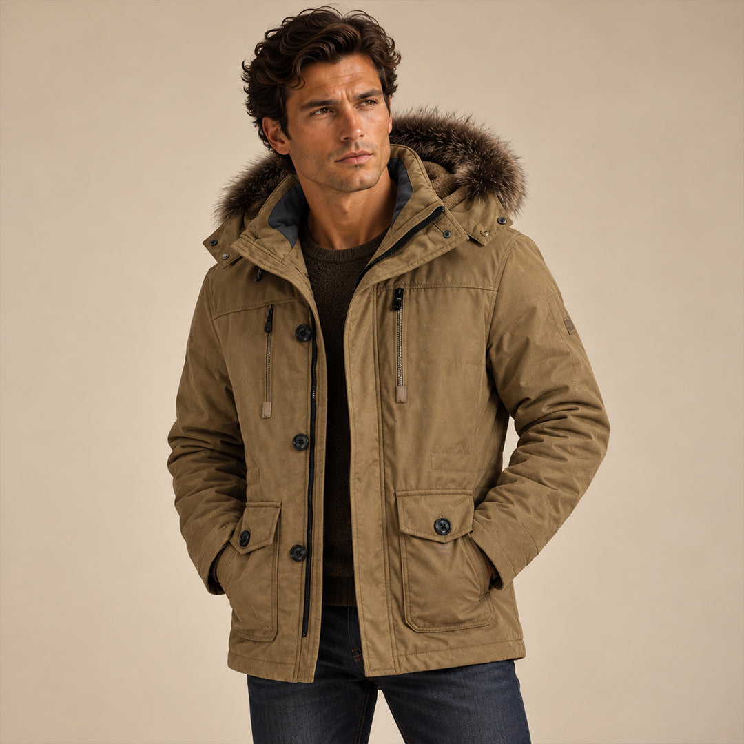 Men's Puffer Jacket Charcoal Fur Hooded Winter Coat