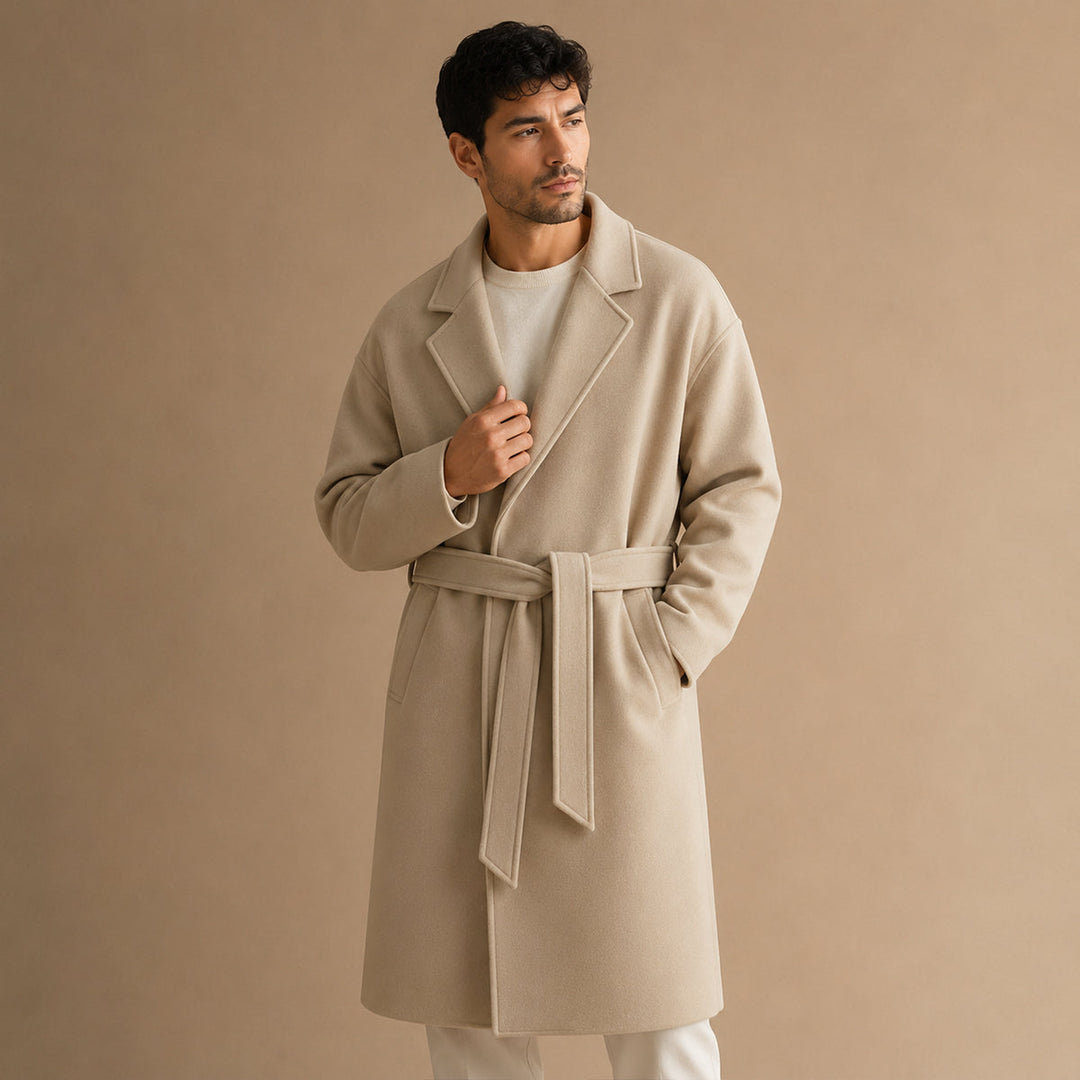 The Whitechapel Men's Elegant Camel Wrap Wool Coat with Belt
