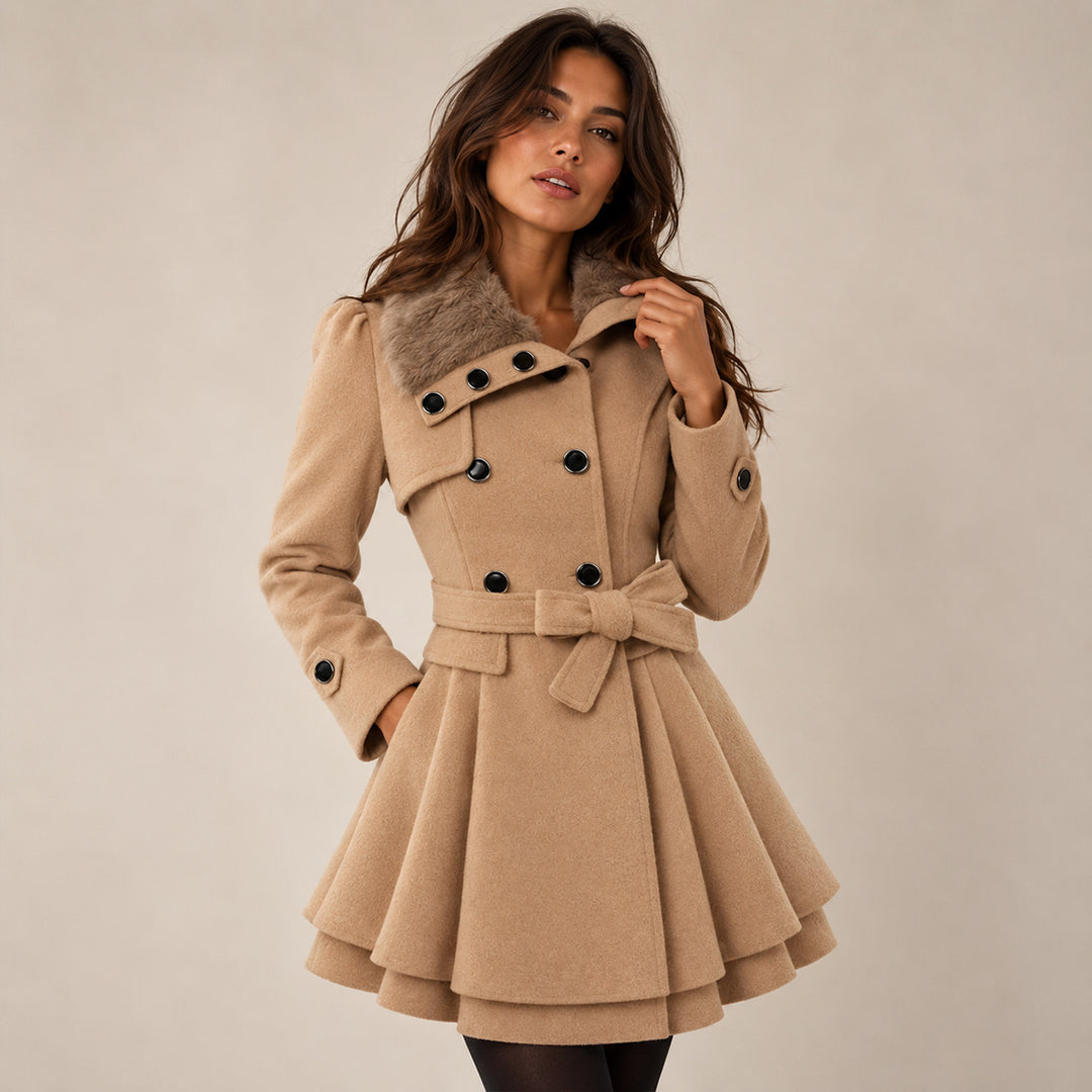 Women's Fur Collar Peacoat – Elegant Belted Fit & Flare Winter Coat