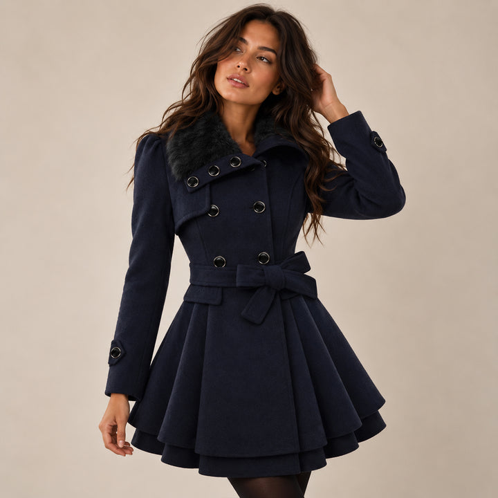 Women's Fur Collar Peacoat – Elegant Belted Fit & Flare Winter Coat