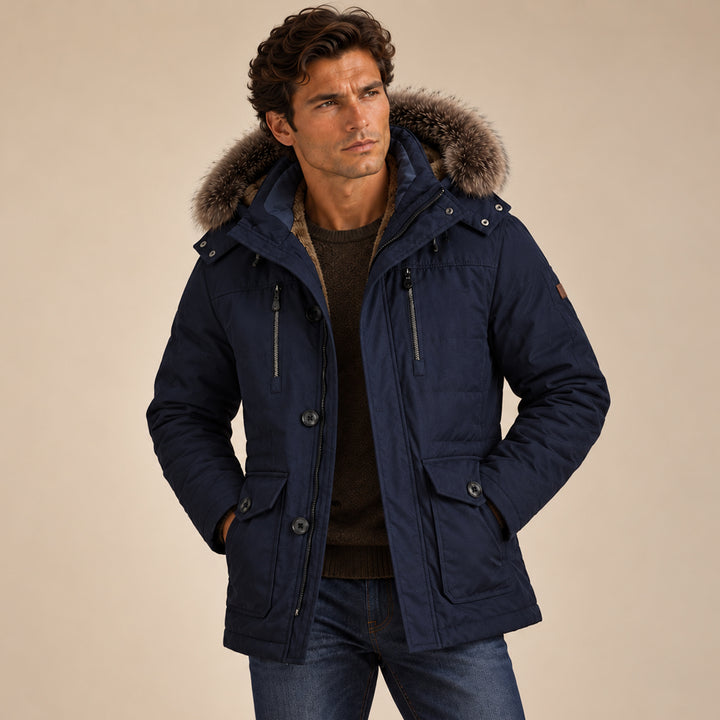 Men's Puffer Jacket Charcoal Fur Hooded Winter Coat