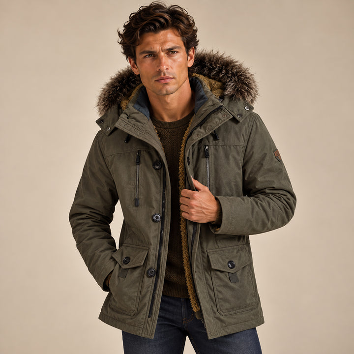 Men's Puffer Jacket Charcoal Fur Hooded Winter Coat