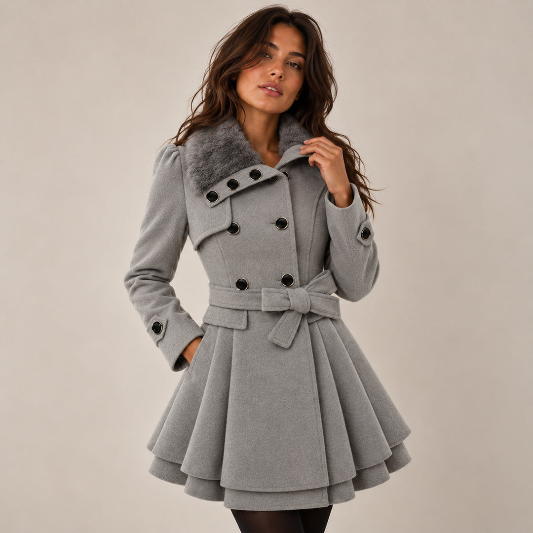 Women's Fur Collar Peacoat – Elegant Belted Fit & Flare Winter Coat