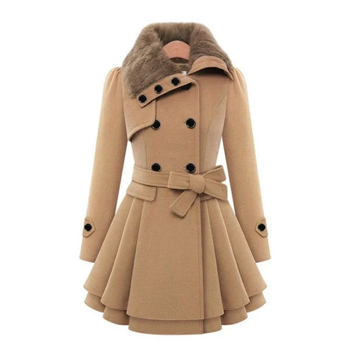 Women's Fur Collar Peacoat – Elegant Belted Fit & Flare Winter Coat
