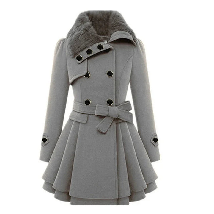 Women's Fur Collar Peacoat – Elegant Belted Fit & Flare Winter Coat