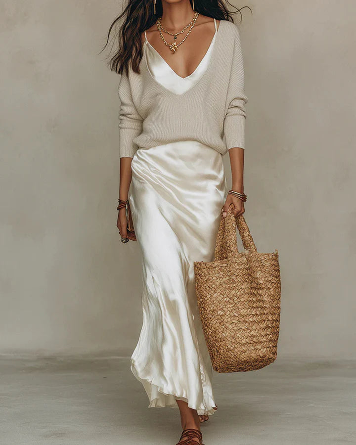 Premium Sweater & Satin Maxi Skirt Set