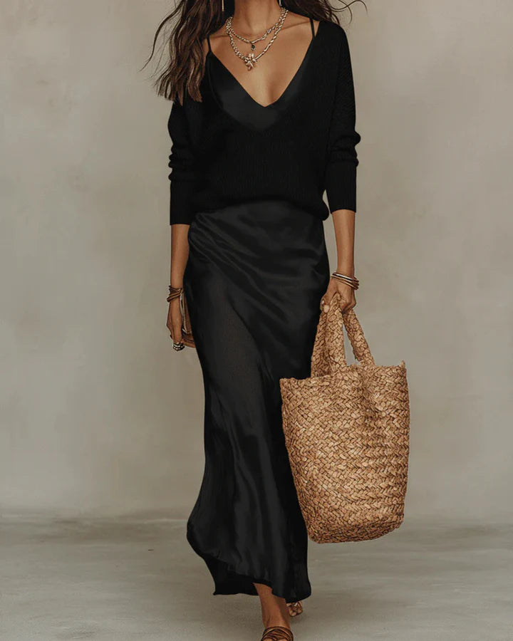 Premium Sweater & Satin Maxi Skirt Set