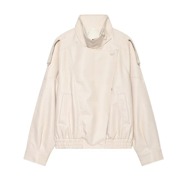 Women's Faux Leather Jacket with Raised Collar