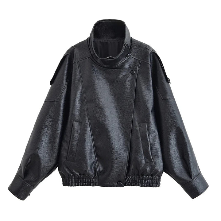 Women's Faux Leather Jacket with Raised Collar