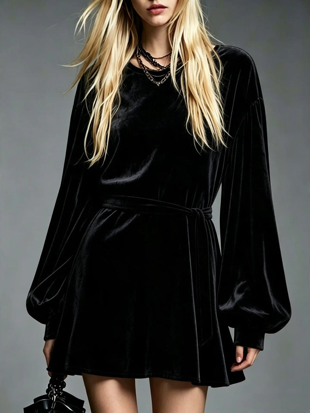 Women's Velvet Mini Dress with Matching Belt