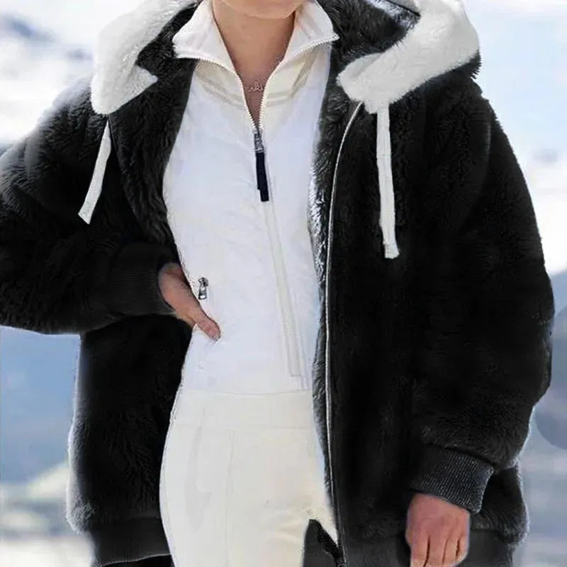 Women's Hooded Fleece Jacket with Faux Fur Trim