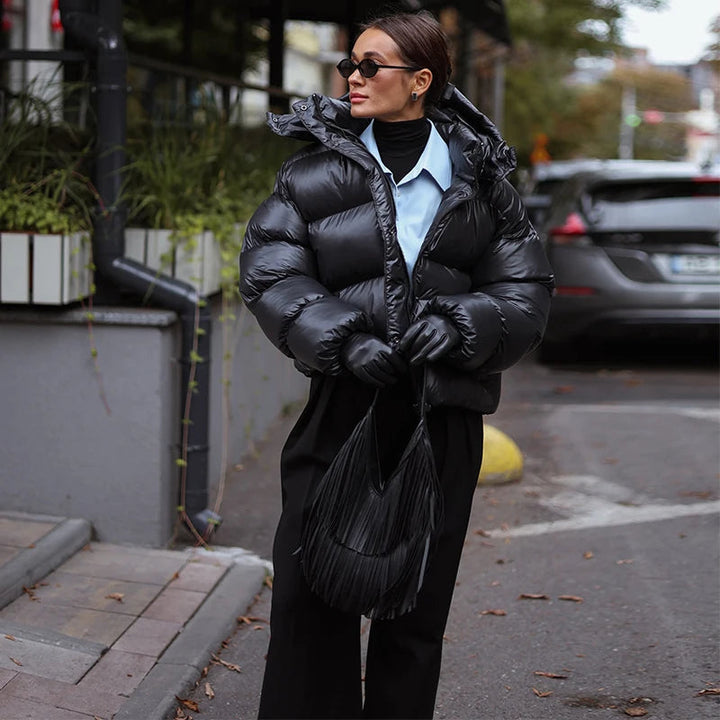 Women's Shiny Short Puffer Jacket with Hood