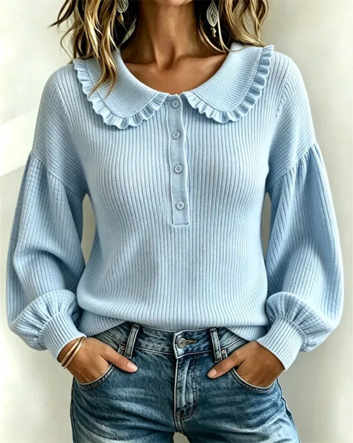 Women's Ribbed Top with Frilled Collar
