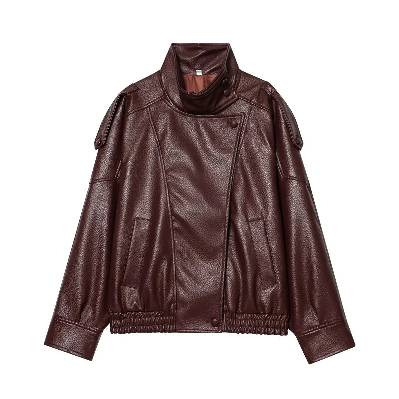 Women's Leather Oversized High Collar Bomber Jacket