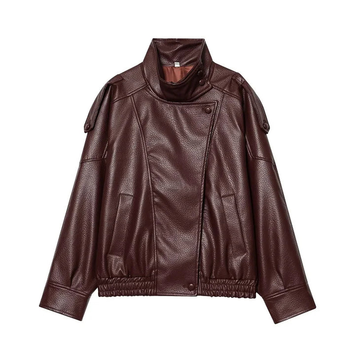 Women's Leather Oversized High Collar Bomber Jacket