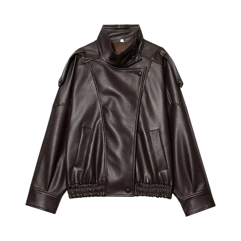 Women's Leather Oversized High Collar Bomber Jacket