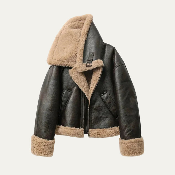 Women's Faux Leather Aviator Jacket with Shearling Style Collar