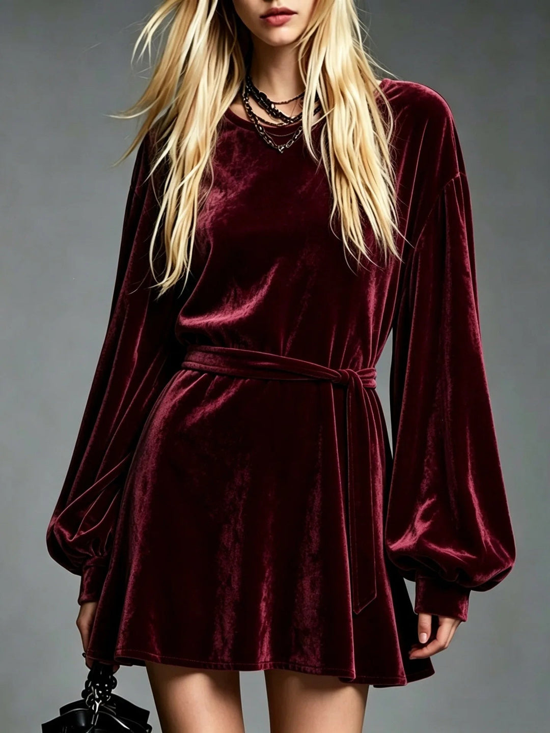 Women's Velvet Mini Dress with Matching Belt