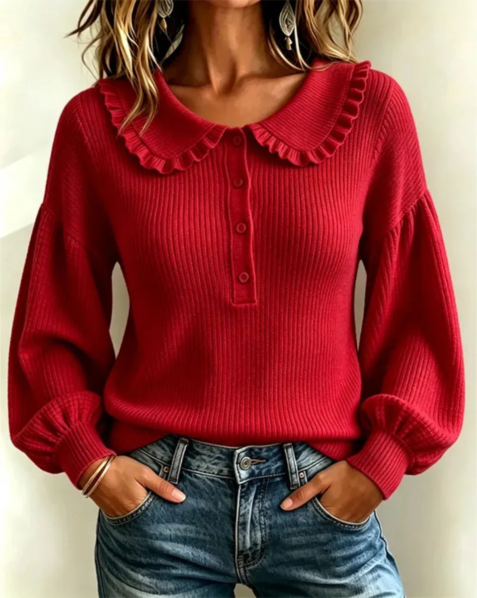 Women's Ribbed Top with Frilled Collar