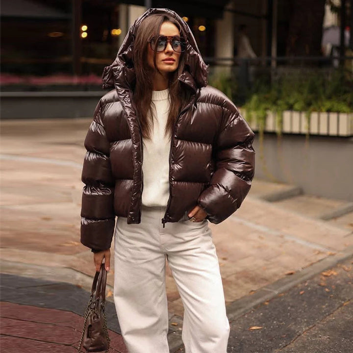 Women's Glossy Cropped Puffer Hooded Jacket