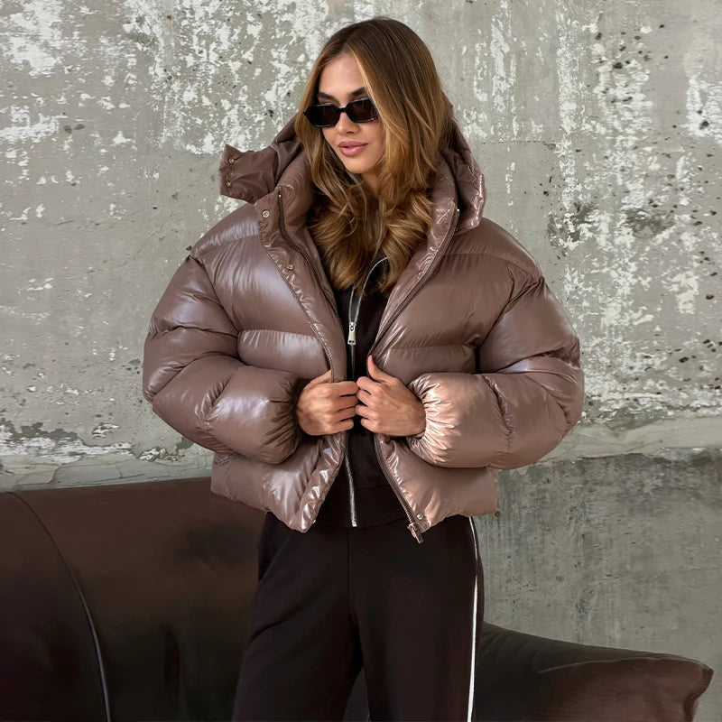 Women's Shiny Short Puffer Jacket with Hood